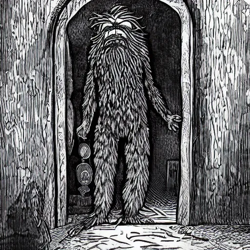 Prompt: A giant of a man was standing in the doorway. His face was almost completely hidden by a long, shaggy mane of hair and a wild, tangled beard, but you could make out his eyes, glinting like black beetles under all the hair.