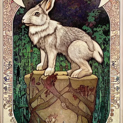 Image similar to a rabbit wolf poster, mucha