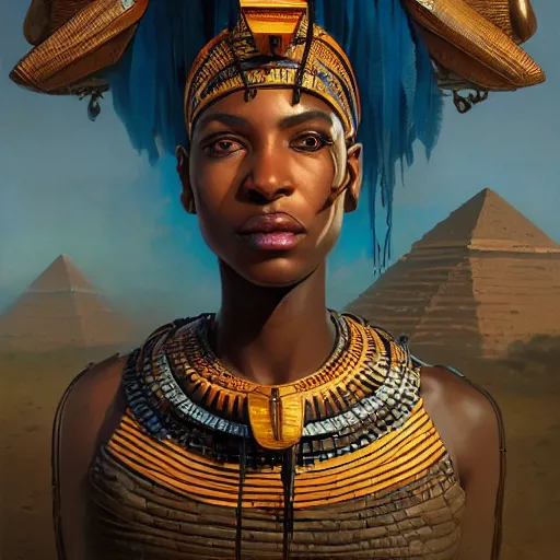 Image similar to highly detailed portrait of an african egyptian goddess, intricate alien technology, stephen bliss, unreal engine, fantasy art by greg rutkowski, loish, rhads, ferdinand knab, makoto shinkai and lois van baarle, ilya kuvshinov, rossdraws, tom bagshaw, global illumination, radiant light, detailed and intricate environment