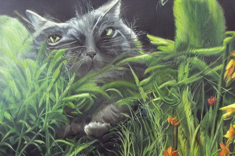 Prompt: oil painting, close-up, hight detailed, wonderful garden with cat hidden in grass, in style of 80s sci-fi art, classicism