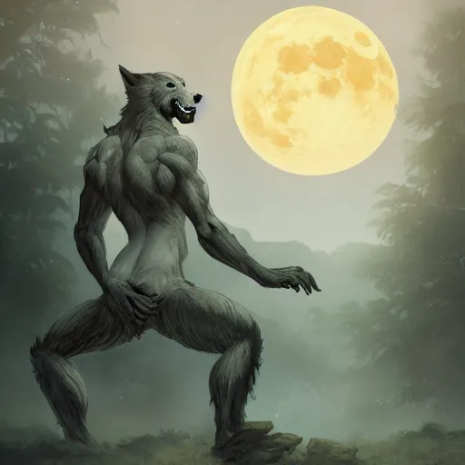 Prompt: a werewolf turning back into a human as the full moon dips behind clouds, ancient graveyard, ambient lighting, 4 k, frank frazetta, lois van baarle, ilya kuvshinov, rossdraws, erol otus, artstation