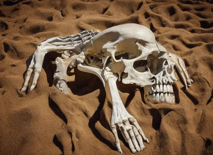 Image similar to humans perished, their dreams forgotten, horrors faced, bones turn to sand. upon that sand walks the new god, one that will never die