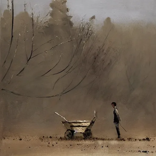 Image similar to painting by jakub rozalski of a person walking with a wheelbarrow in an abandoned post soviet town infested with root monsters