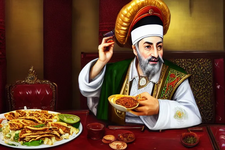 Image similar to Ottoman Sultan Mehmet IV eating shawarma in a restaurant, wearing big ovular turban and a luxurious Ottoman coat, green eyes, super realistic facial features, detailed face, Ottoman Sultanate, cheerful, expressive, photorealistic, hyperrealism, micro details, HDR Shot