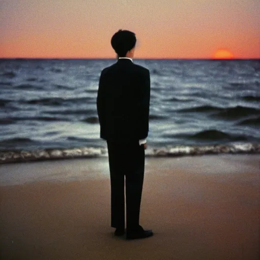 Prompt: a japanese man wearing a beige suit and black pants standing in the ocean, sunset, night, wide shot, tatsuro yamashita, album cover, 1981, grammy award winning