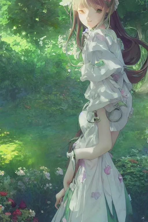 Image similar to a depressed digital art, loli in dress, garden, green and warm theme, blue accents, back lighting, highly detailed, 4 k resolution, trending on art station, by krenz cushart and mucha and akihito yoshida and greg rutkowski