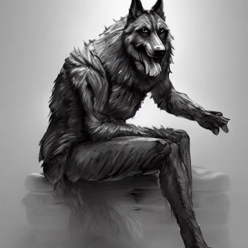 Image similar to a humanoid german shepherd beast - man, sitting on a couch and puts on jeans, artstation, concept art, smooth, sharp foccus ilustration, artstation