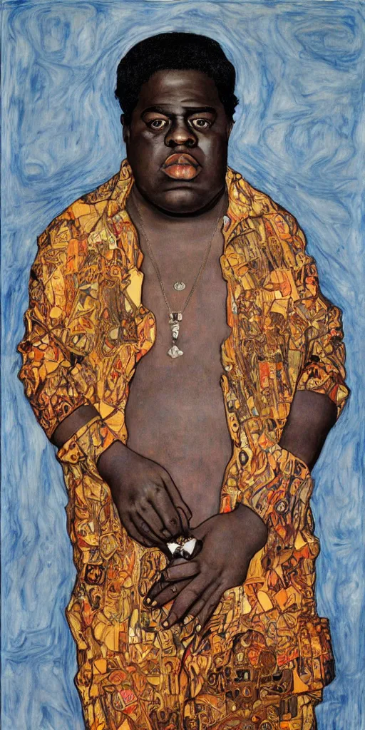 Prompt: a full body portrait of biggie smalls in style of egon schiele, herakut and gustav klimt, masterpiece, hyperdetailed, complex, intricate, 4 k, trending on artstation