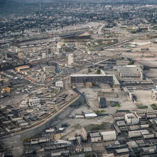 Image similar to brutalist city, prison city, totalitarian prison island, spotlights, military buildings, drones, high walls, dystopian city, prison complex, colorized 8 mm photo