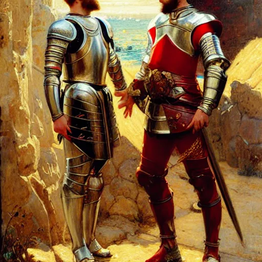 Image similar to attractive fully clothed arthur pendragon confesses his love for his attractive fully clothed male knight. highly detailed painting by gaston bussiere and j. c. leyendecker 8 k