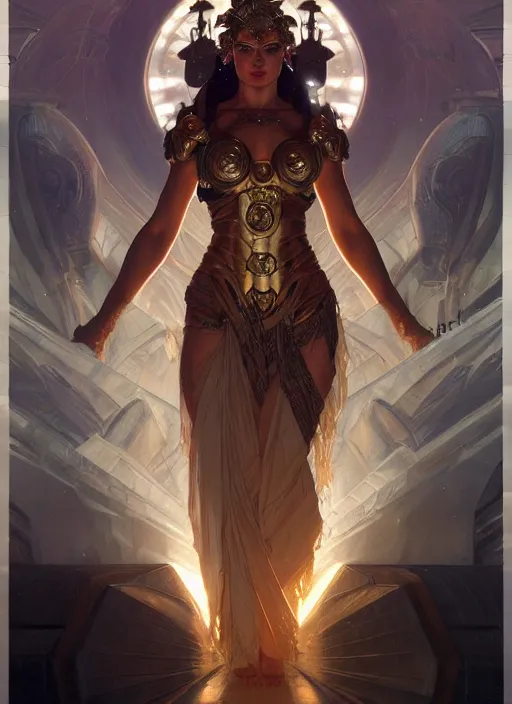 Image similar to ! dream the godess hera looking angry, paper armor, volumetric lights, dystopian,, intricate, elegant, highly detailed, digital painting, artstation, concept art, smooth, sharp focus, illustration, art by artgerm and greg rutkowski and alphonse mucha