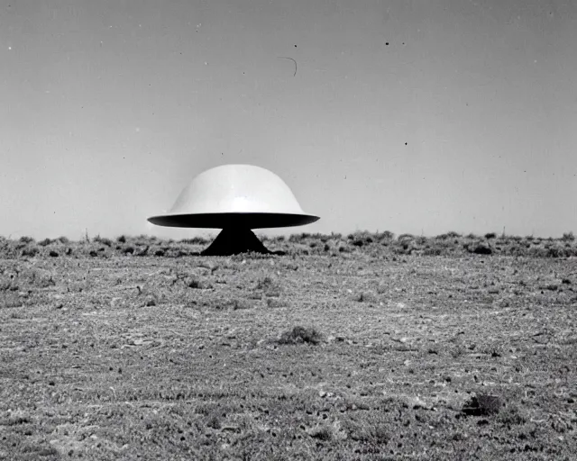 Prompt: photographic proof of the roswell flying saucer, early black and white photo, yellowed with age, cdx