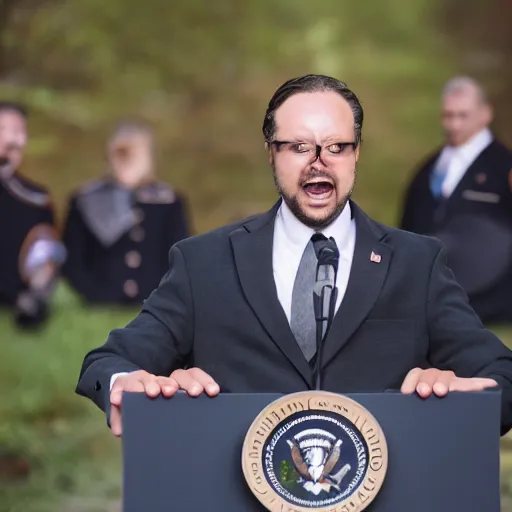 Image similar to a fox animal dressed in a suit giving a presidential speech, 8 5 mm f / 1. 4