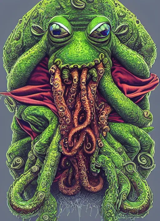 Image similar to portrait of a Cthulhu kermit the frog in Society (1989), intricate, highly detailed, centered, gradient background, digital painting, artstation, concept art, smooth, sharp focus, illustration, artgerm, donato giancola, Joseph Christian Leyendecker, WLOP, Artgerm