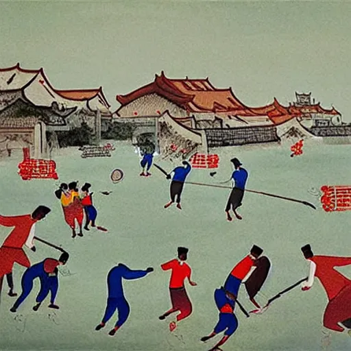 Prompt: Frisbee Sports in Jiangnan Water Village, painting by Wu Guanzhong