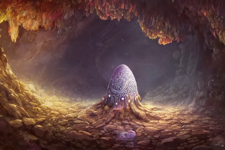 Image similar to a mystical egg with elaborate design inside a cave full of floating jellyfish, wlop, concept art, digital painting, trending on artstation, highly detailed, epic composition, 8 k uhd