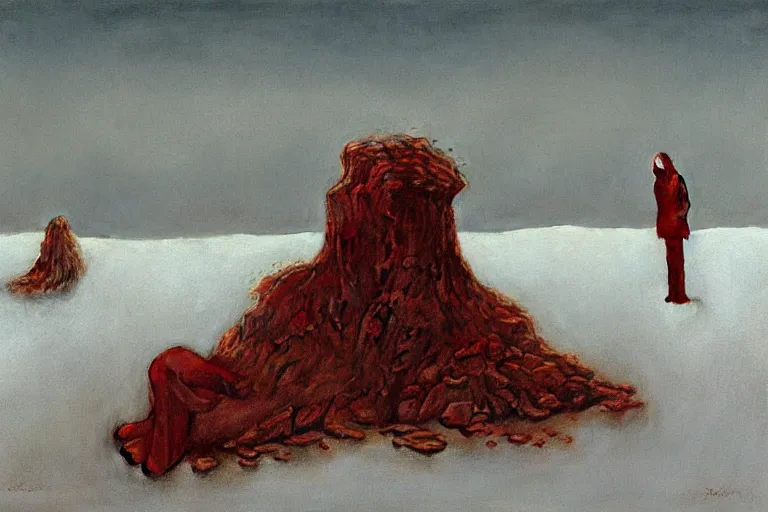 Image similar to a surrealist painting of a lonely woman with pale skin and red hair, standing over pile of bodies in post apocalyptic snowy landscape, painted by zdzisław beksinski