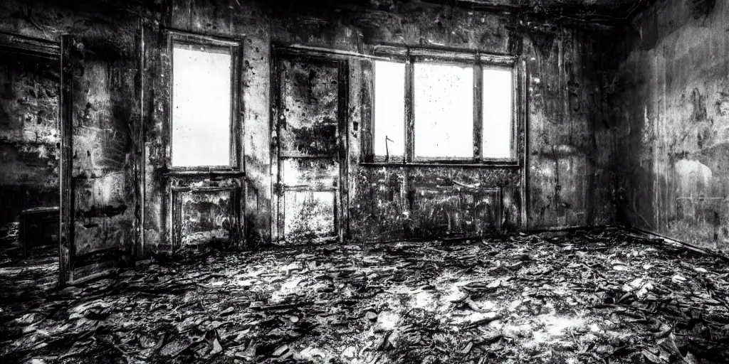 Image similar to a very dark room at night in a derelict house with one light, black and white, grungy