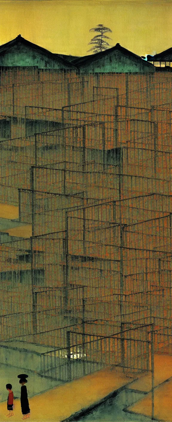 Image similar to a chinese prison near a river by peter doig, muted colors