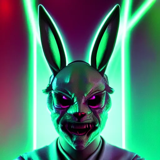 Image similar to synthwave demonic rabbit toy face with neon horns, detailed face, sharp focus, synthwave art, aesthetic, octane render, raw, cinematic