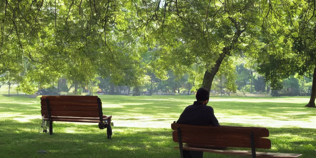 a film still of a man sitting on a bench in a park, | Stable Diffusion ...