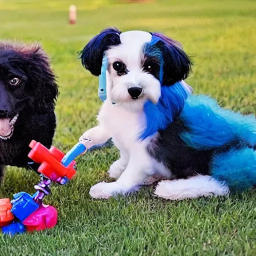 Image similar to harley quinn aiming down glitter gun with toy cavoodle dog by her side