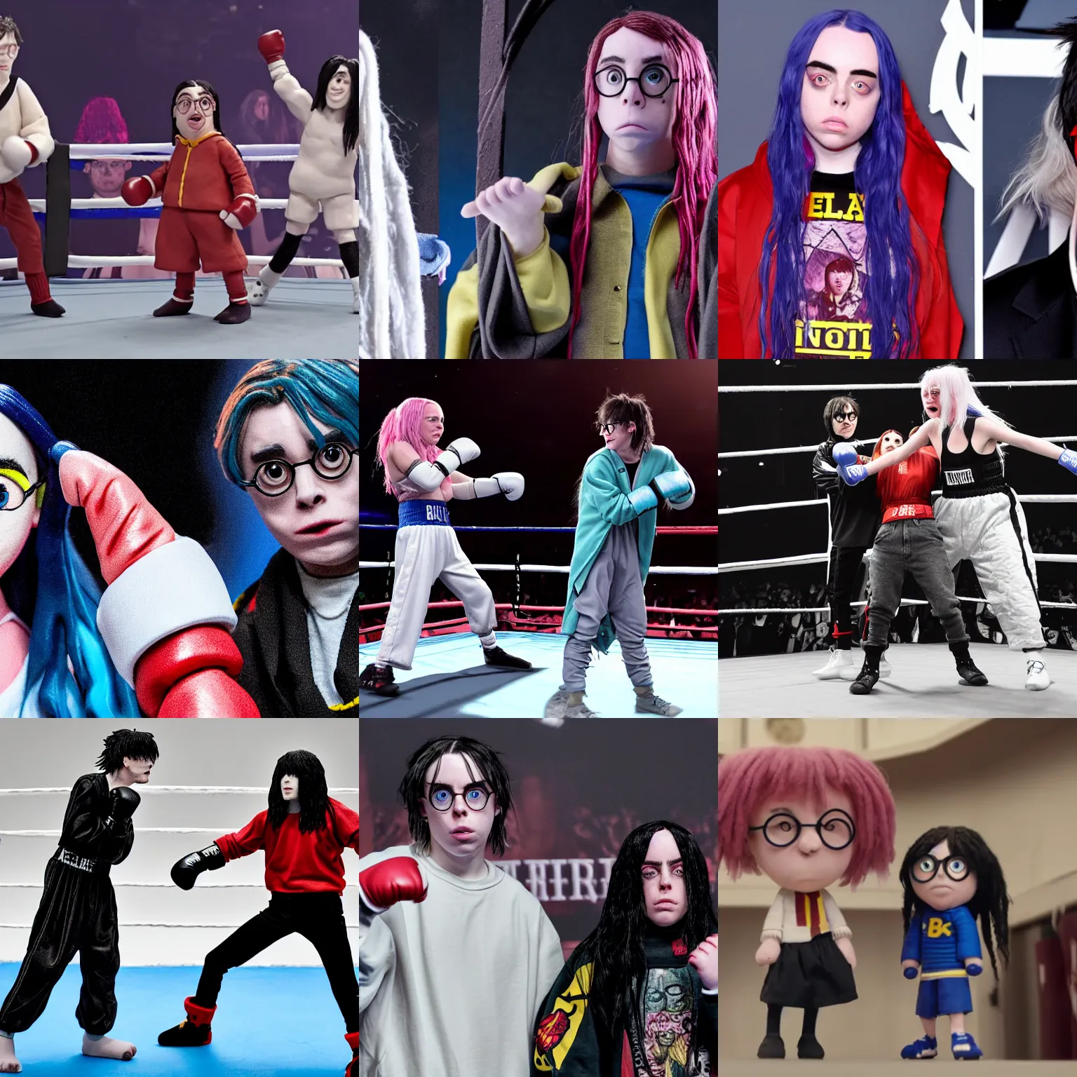 Prompt: billie eilish and harry potter face each other in a boxing ring, claymation, made of clay, stop motion, establishing shot, wide angle lens