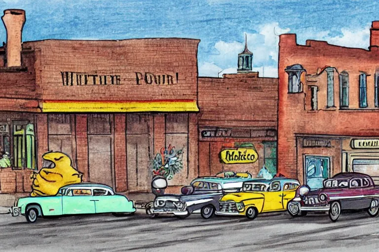 Image similar to a whimsical storybook illustration of a small town main street from the 1 9 5 0 s with a line of brick buildings with business signs over the doors and some late 1 9 5 0 s cars on the road in front of the buildings and one 1 9 3 0 model a hot rod, lowbrow pop art style watercolor