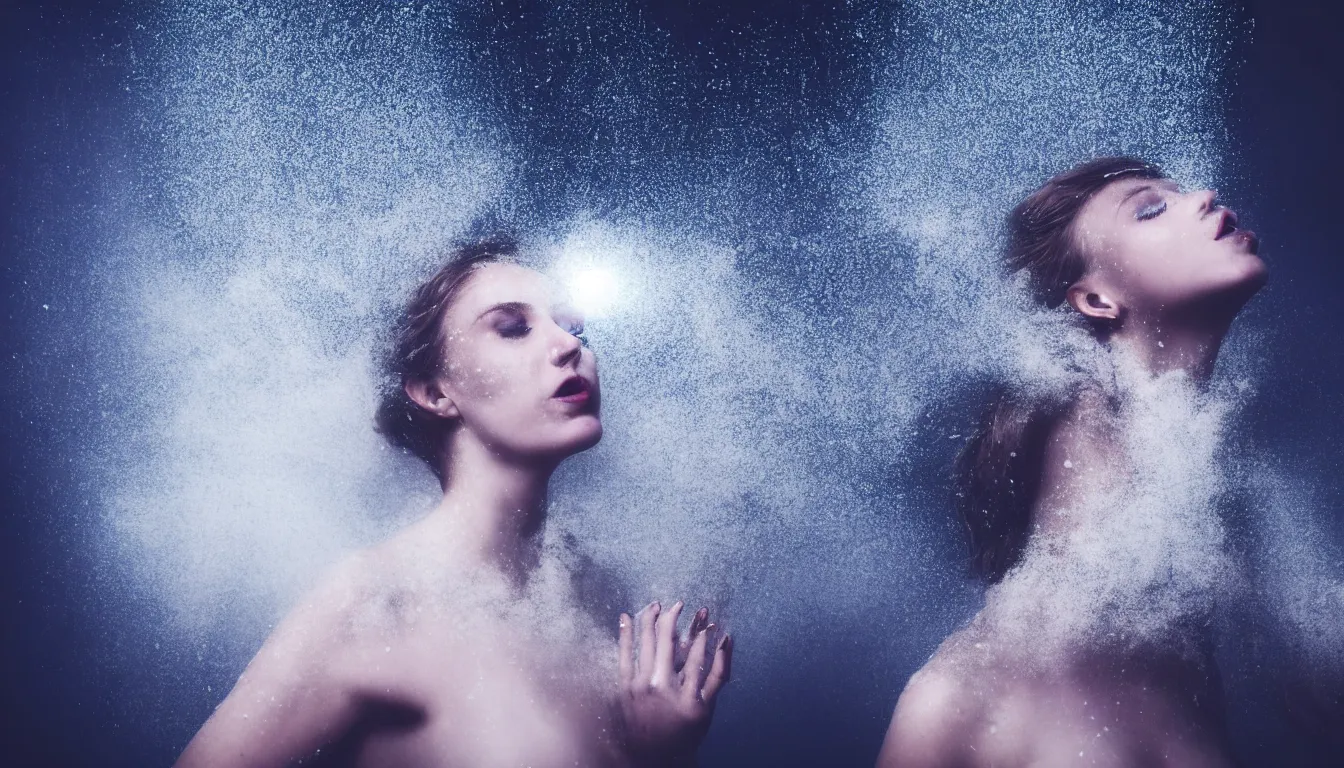 Prompt: humans hide in the underwater, feedback loop , burst of powders ,volumetric lighting, twisting vapour, bellowing dust , emerging hands and beautiful woman’s face , full colour , upscale , 4k