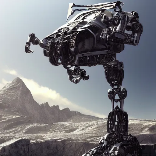 Prompt: a robot the size of mountain made of wicked glinting steel plating sporting massive sickle legs trampling over a land of dusty grey, photo realistic, 8 k, trending on artstation