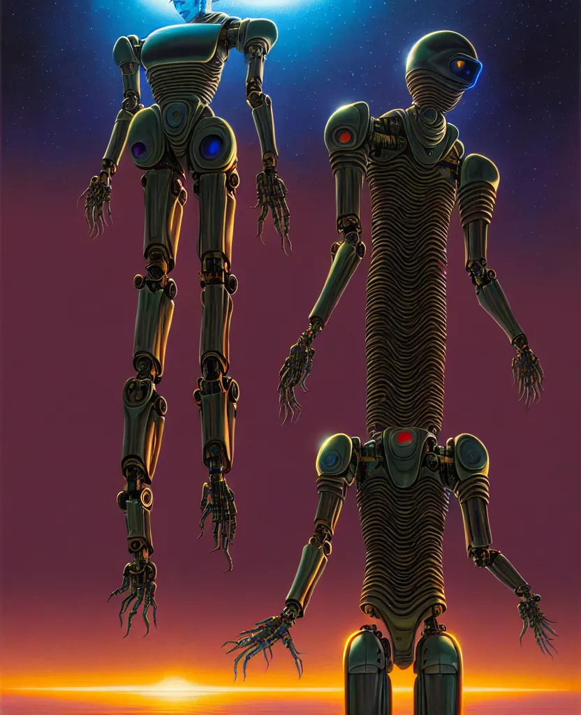 Prompt: humanoid robot, full body, symmetry, faded colors, exotic alien features, cypherpunk background, tim hildebrandt, wayne barlowe, bruce pennington, donato giancola, larry elmore, masterpiece, trending on artstation, featured on pixiv, cinematic composition, beautiful lighting, sharp, details, hyper detailed, 8 k, unreal engine 5