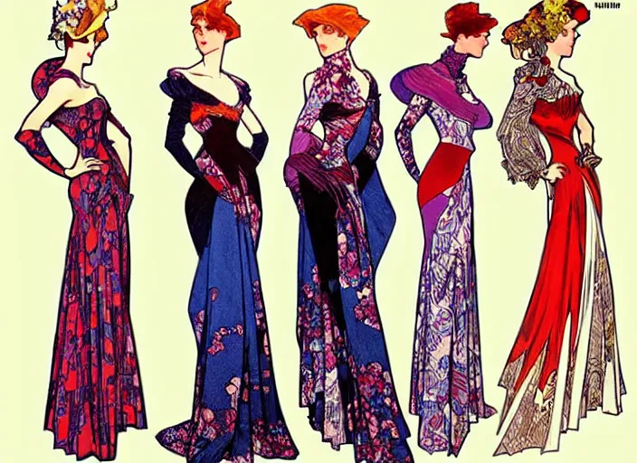 Image similar to 4 elegant full length daredevil comic dress designs with natural history prints designed by alphonso mucha