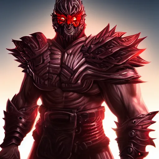 Image similar to a highly detailed character portrait of a muscular man wearing a epic shadow armor with glowing red eyes concept art