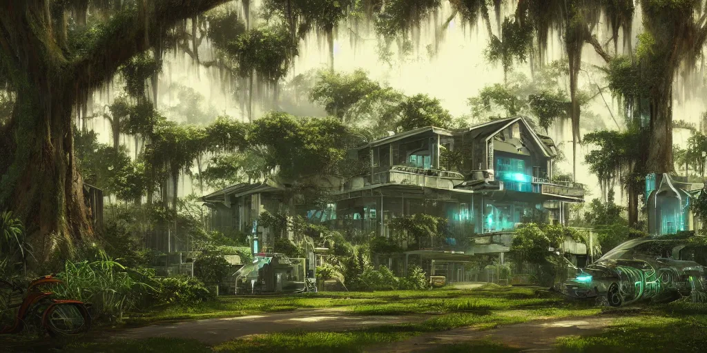 Prompt: a cyber punk house on a lush southern plantation with a tree-lined driveway, romanticism, hyperdetailed, artstation, cgsociety, 8k, masterpiece, sharp H 640