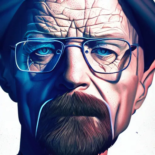 Prompt: high quality illustration, walter white realistic portrait, cyberpunk, riot game, beautiful, alexandre bourlet, arcane, lois van baarle, league of legend, digital painting, james jean, dynamic colors, greg rutkuwsky, artstation, concept art, neon