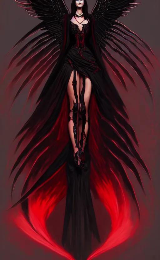 Image similar to Female dark angel in gothic red and black dress, their black wings are extended, highly detailed, digital painting, artstation, concept art, smooth, sharp focus, illustration, art by artgerm and greg rutkowski and alphonse mucha