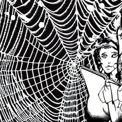 Prompt: female twins in a spider web by junji ito