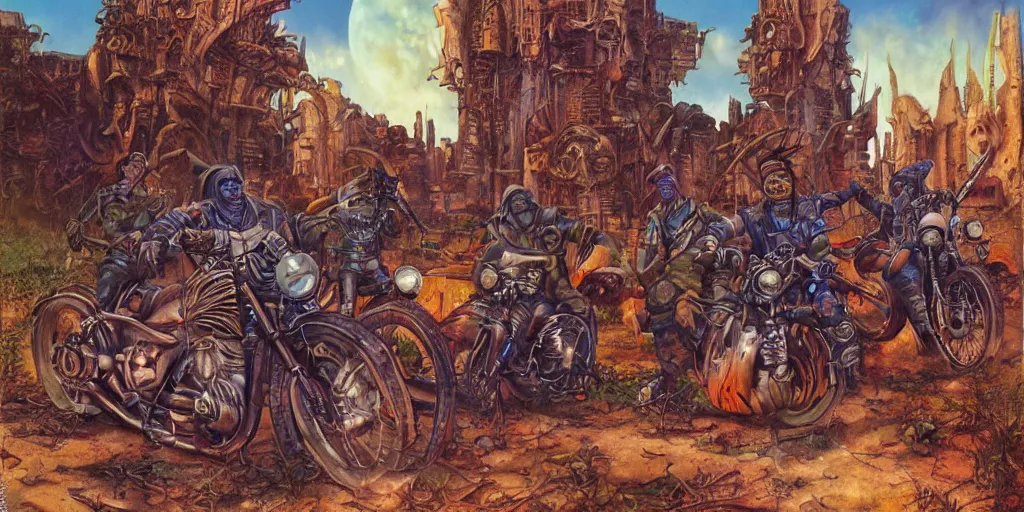 Image similar to psychedelic post apocalyptic orcish biker gang, scifi city ruins, sharp focus, psychedelic colors, boris vallejo, michael whelan