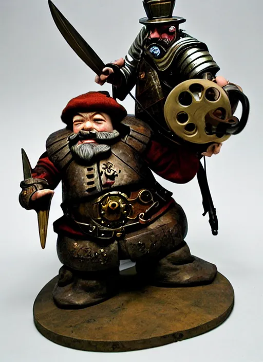 Image similar to an old dwarf musketeer and his large clockwork robot companion, golem, steampunk, ming dynasty, chinese fantasy, reasonable fantasy, realistic, detailed, tabletop rpg, ghostblade, wlop.