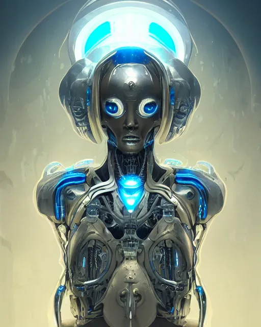 Image similar to benevolent cyborg necromancer, scifi, futuristic, helpful, kind, intelligent, alien room background, white, blue, gold, highly detailed, trending on artstation, soft light, holy machine, advanced technology, art by vitaly bulgarov and nivanh chanthara