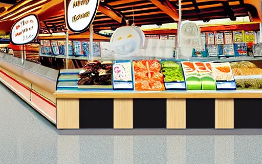 Prompt: A small wooden stand selling sushi stands in a large supermarket that sells groceries, cinematic lighting, commercial photography