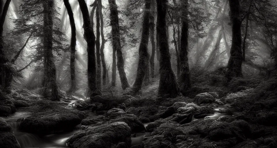 Image similar to deep inside the forest, stream, dramatic lighting, chiaroscuro, moss, ferns, epic, award winning photo by ansel adams, masterpiece, artstation