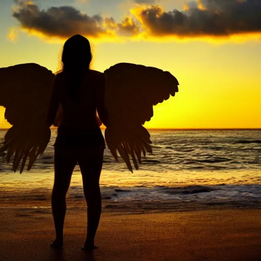 Prompt: Angel on the beach watching the sunset