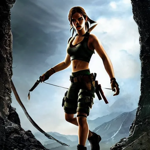 Prompt: Emma Watson as Lara Croft, promo art, highly-detailed, stunning