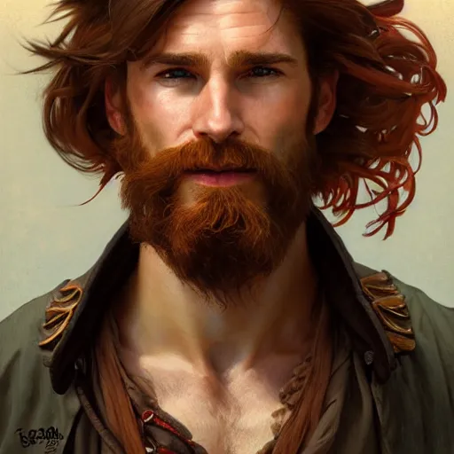 Image similar to portrait of a young ruggedly handsome but joyful pirate, male, masculine, upper body, red hair, long hair, d & d, fantasy, easy go happy personality, intricate, elegant, highly detailed, digital painting, artstation, concept art, matte, sharp focus, illustration, art by artgerm and greg rutkowski and alphonse mucha