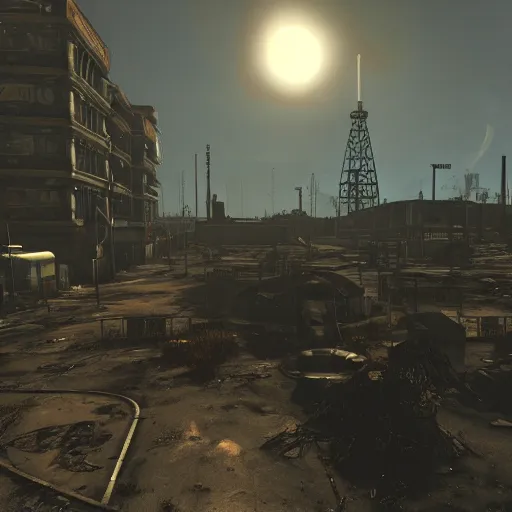 Prompt: Cape Canaveral post-nuclear war in Fallout 4, in game screenshot