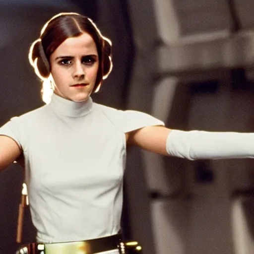 Prompt: film still of Emma Watson as Princess Leia in Star Wars 1977