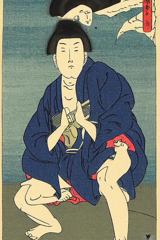 Image similar to Ukiyo-e art of gopnik squatting under birch