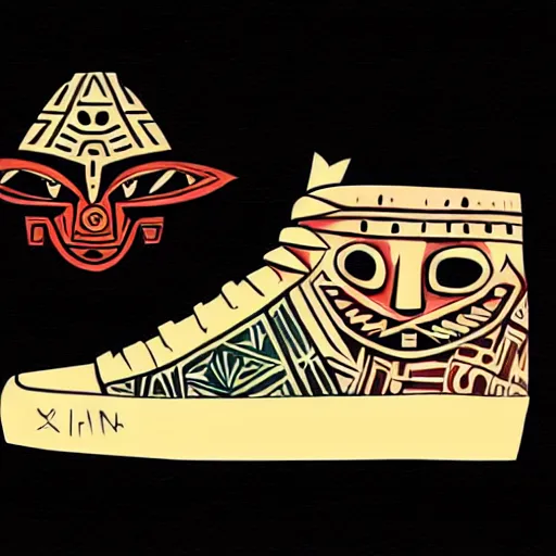 Image similar to sneaker design concept art, aztec mayan street fashion native punk sneaker design, majora's mask, wearing wooden mask, hip hop sneaker design with subtle mayan patterns, gapmoe yandere grimdark, trending on pixiv fanbox, painted by greg rutkowski makoto shinkai takashi takeuchi studio ghibli, akihiko yoshida