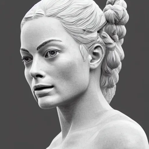 Prompt: a realistic renaissance sculpture of margot robbie by michelangelo, standing in times square, 3 d render, hyper detailed, sharp focus, 8 k resolution